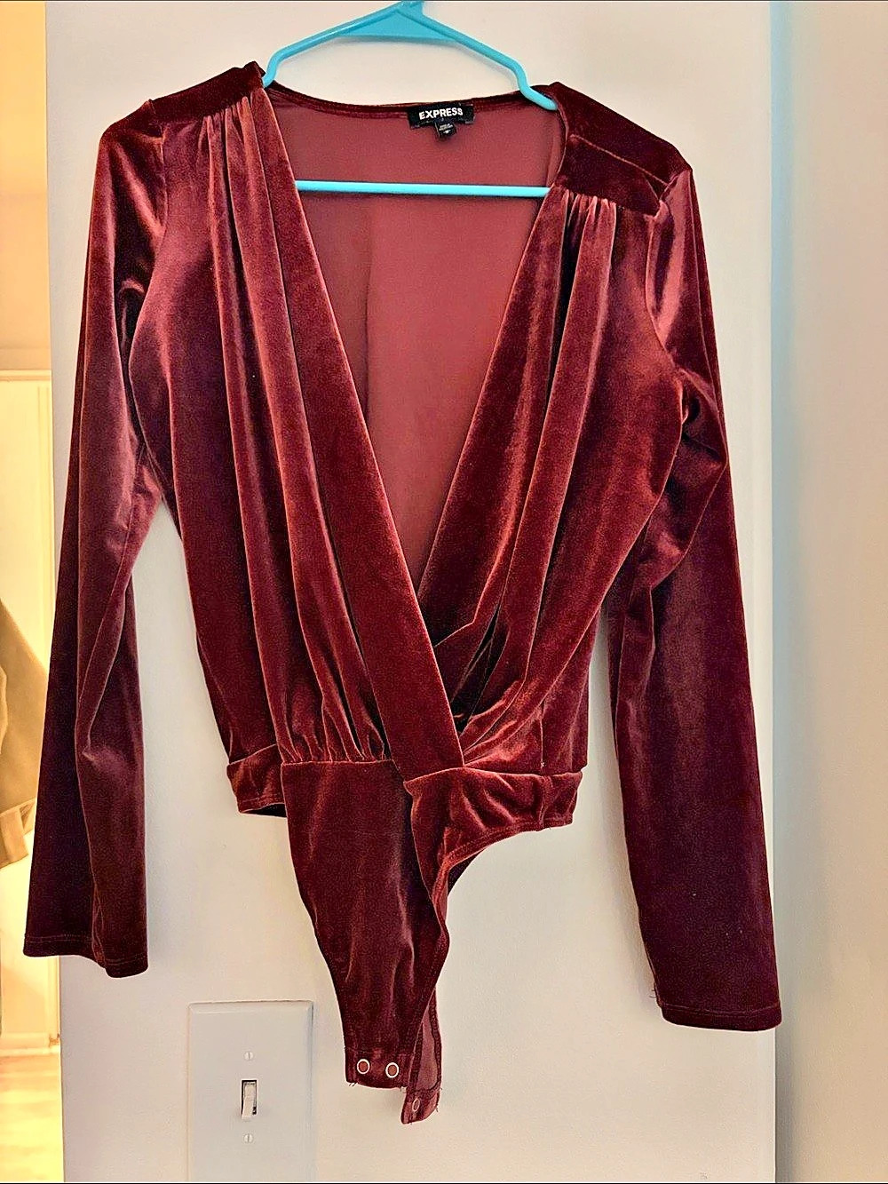 Express Velvet Surplice Bodysuit Burgundy Medium